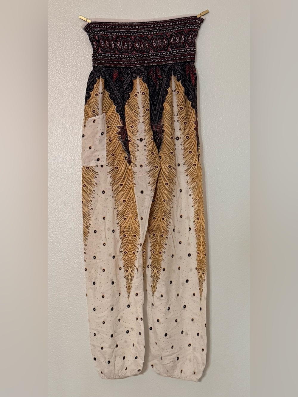 Boho Feather Print Harem Pants Smocked Waist Rayon M